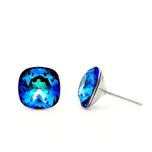 10mm Iridescent Swarovski Studs | Blue Cushion Cut Earrings | Hypoallergenic